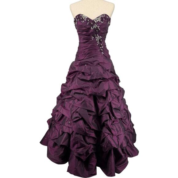 VTG 90s y2k Women's Purple Iridescent Floral Beaded Strapless Corset Ball Gown - Picture 1 of 14